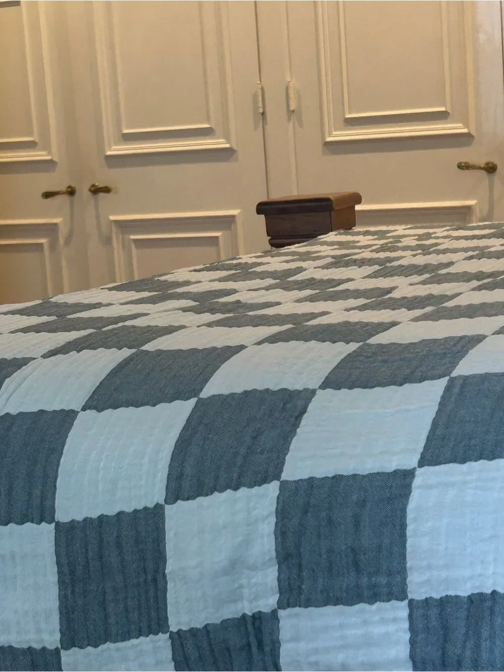Dark Teal Gray Check Throw Blanket Cotton Bamboo Blend Patchwork Quilt Style NEW